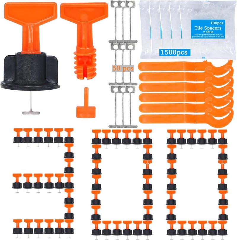 TEANTECH Tile Leveling System Kit,300pcs Reusable 1/16" Tile Leveler Spacers+1500pcs Cross-shaped Tile Spacers+6pcs Wrench+1pack 1/16" Replaceable Spare Steel T-Pin,Tools for Wall Floor Tile Adjustment - Image 1